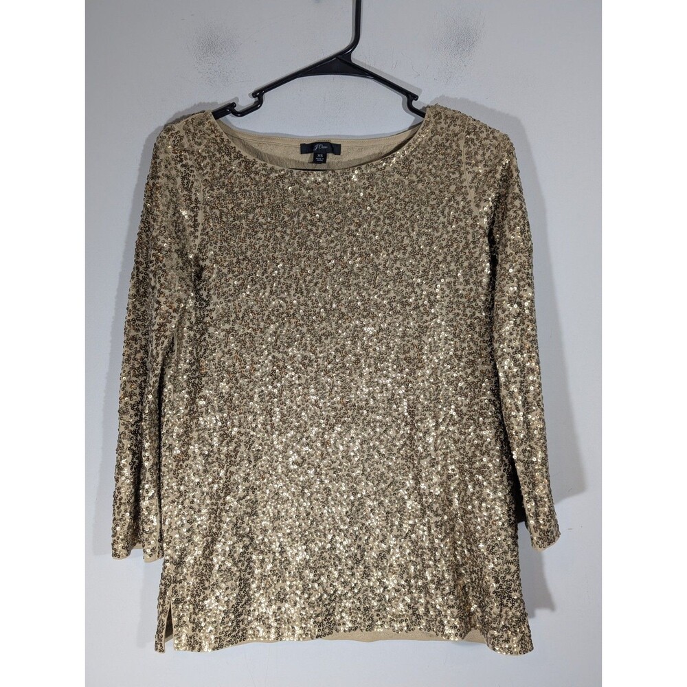 J. Crew Womens Gold Sequin Boat Neck 3/4 Sleeve Top Sz XS Luxe Holiday Cocktail